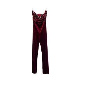LULUS Fabulous Instinct Velvet Pearl Strapless Jumpsuit - Burgundy - M